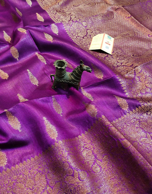Purple Buta Motif Tussar Munga Silk Saree with Zari Border | Peepal Clothing