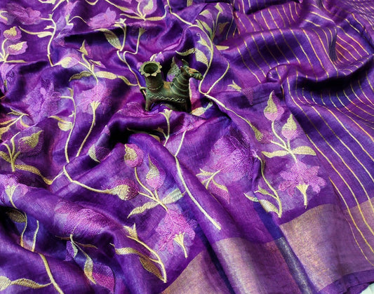 Purple Embroidered Silk Linen Saree|Peepal Clothing