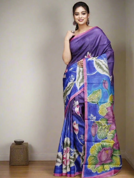 Purple Floral Motif Kalamkari Silk Saree| Peepal Clothing