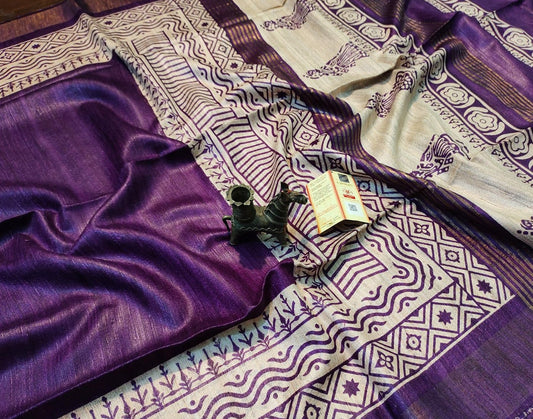 Purple Printed Tussar Ghicha Silk Saree with Zari Border| Peepal Clothing