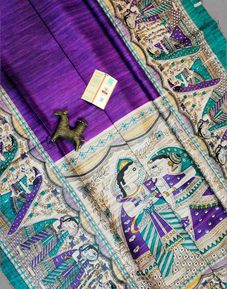 Purple Radha-Krishna Motif Tussar Ghicha Madhubani Printed Silk Saree| Peepal Clothing