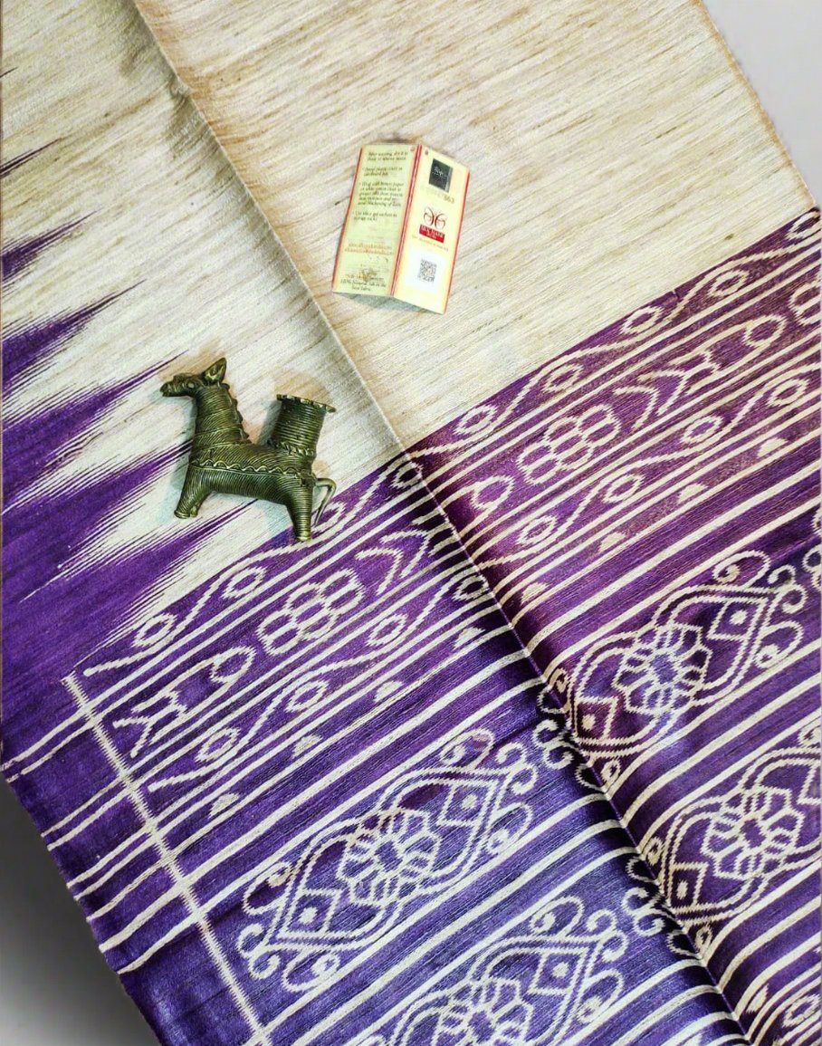 Purple Tussar Ghicha Ikkat Printed Silk Saree| Peepal Clothing