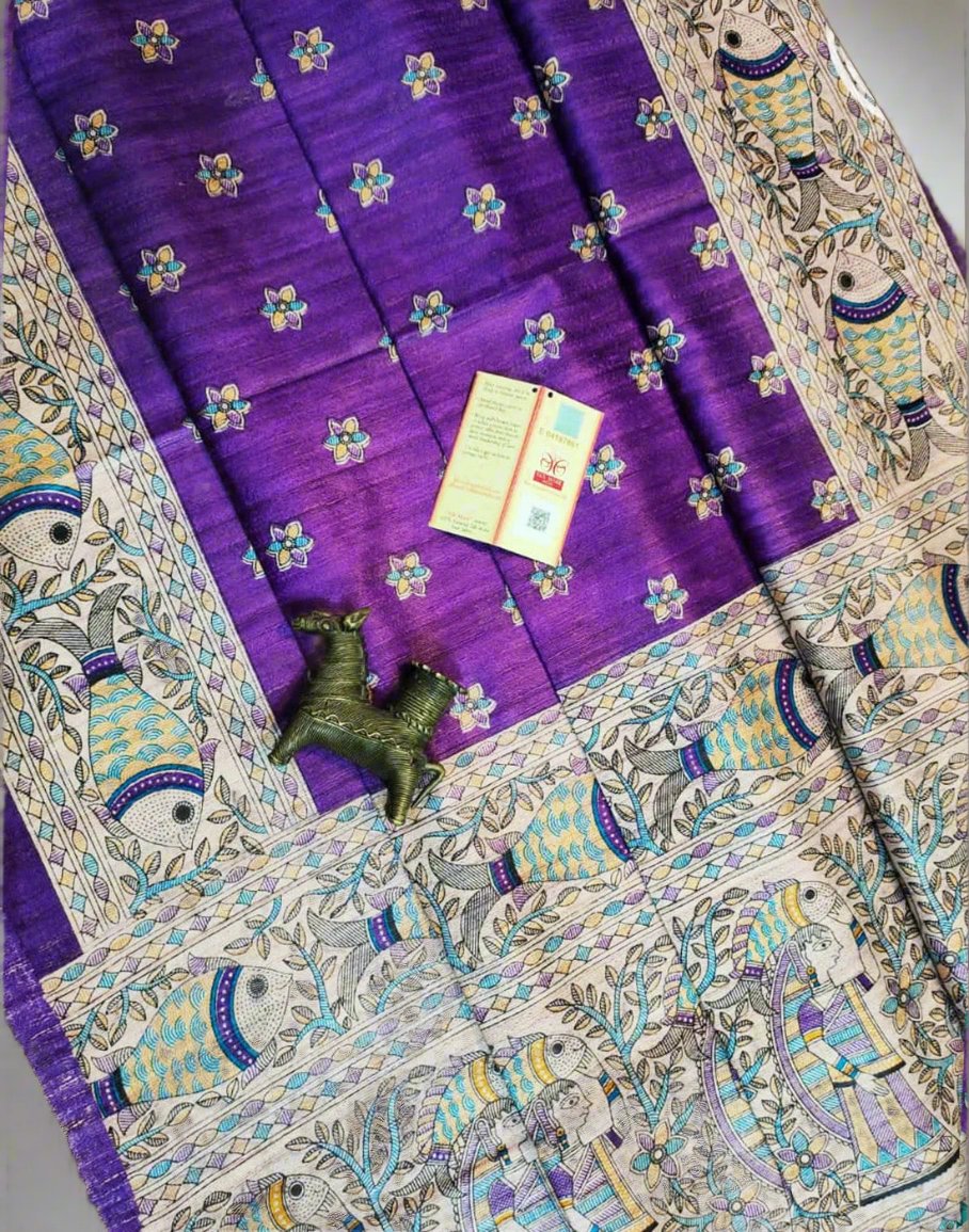 Purple Tussar Ghicha Madhubani Buta Printed Silk Saree| Peepal Clothing