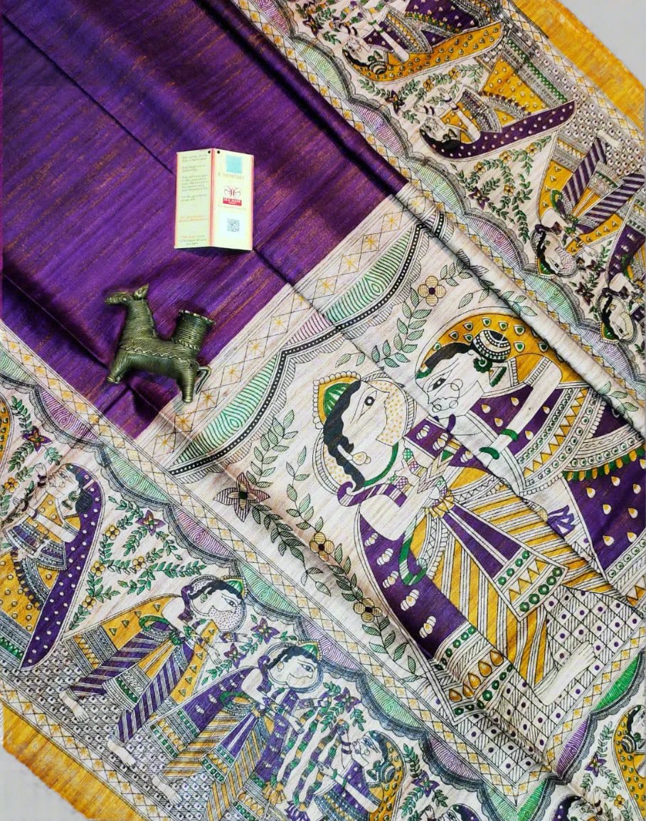 Purple Tussar Ghicha Madhubani Printed Silk Saree| Peepal Clothing