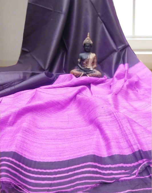 Purple and Grey Korean tussar ghicha saree pallu with staple body| Peepal Clothing