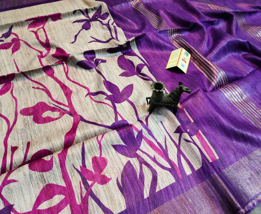 Purple and Off-white Leaf Printed Tussar Ghicha Silk Saree with Zari Border | Peepal Clothing