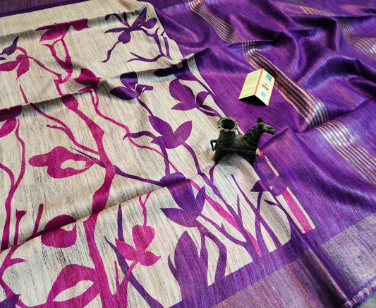 Purple and Off-white Leaf Printed Tussar Ghicha Silk Saree with Zari Border | Peepal Clothing