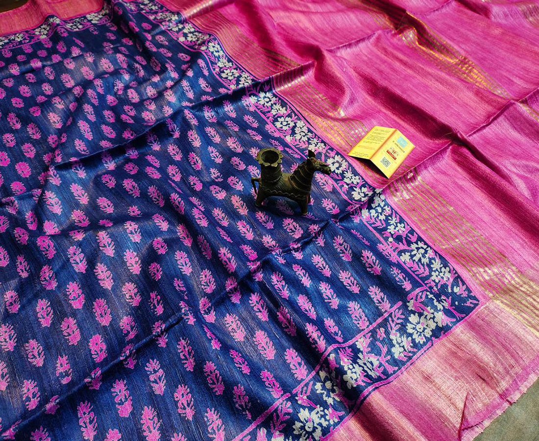 Purple and Pink Printed Tussar Ghicha Silk Saree with Zari Border | Peepal Clothing