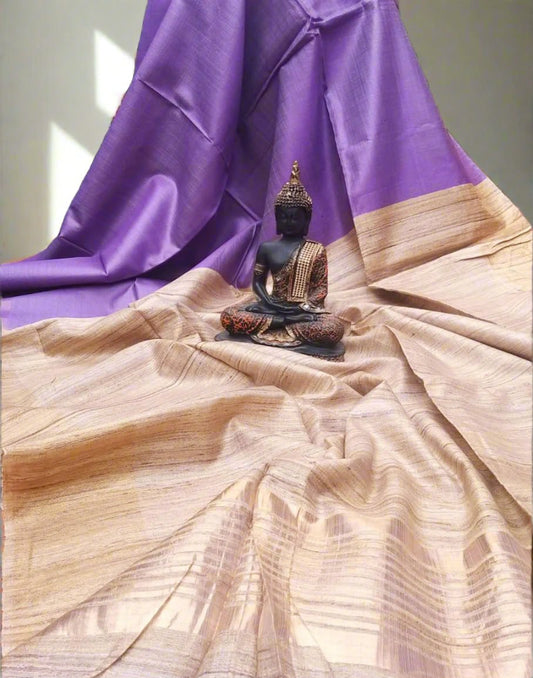Purple and natural Korean tussar ghicha pallu saree with staple body| Peepal Clothing
