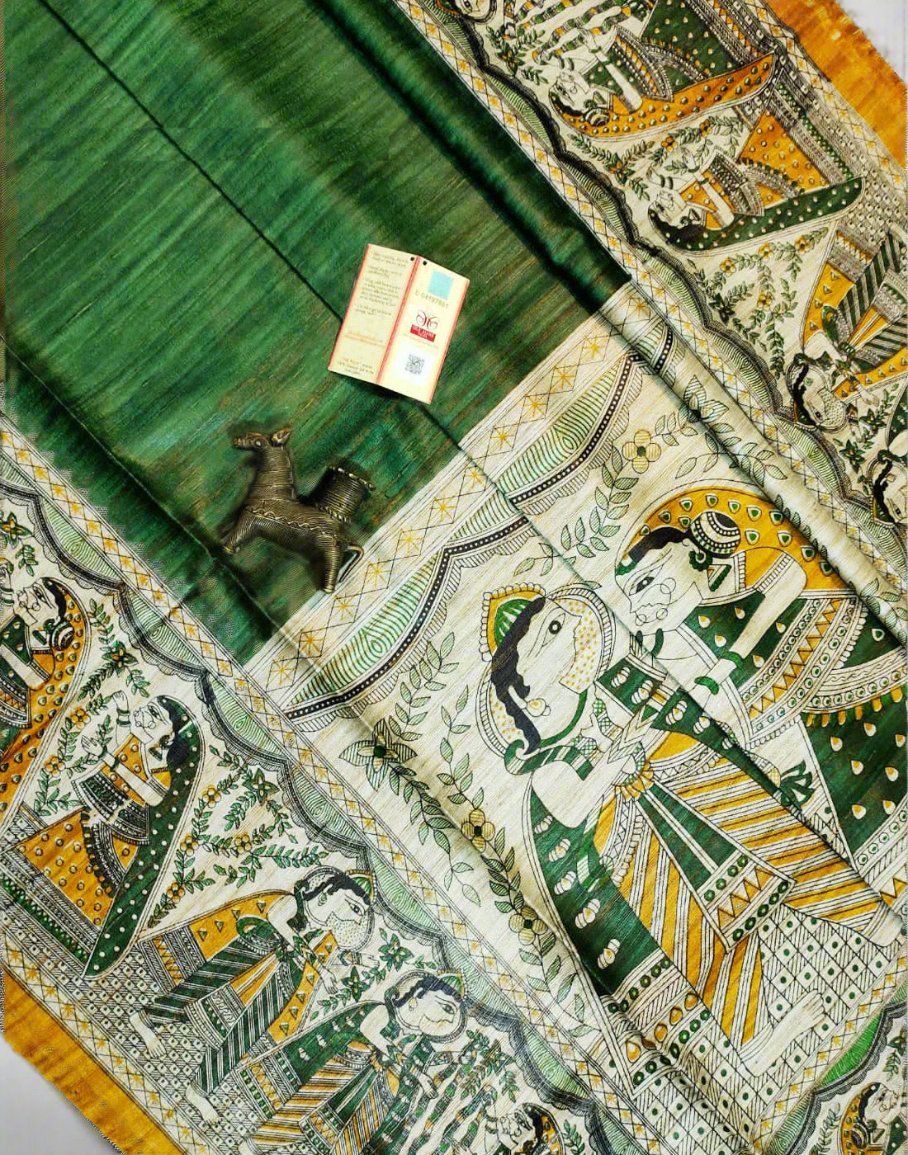 Radha-Krishna Printed Green Tussar Ghicha Silk Saree| Peepal Clothing