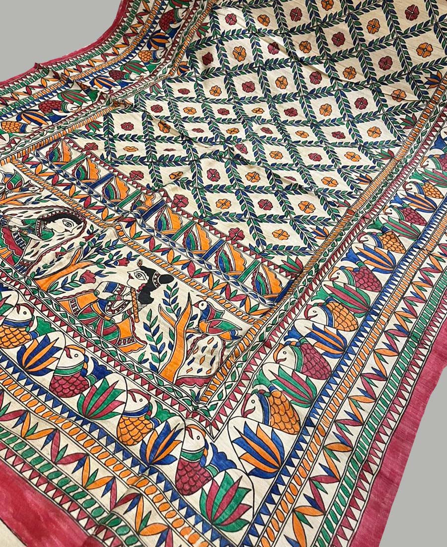 Madhubani Hand Painted Desi Tussar Silk Saree | Peepal Clothing