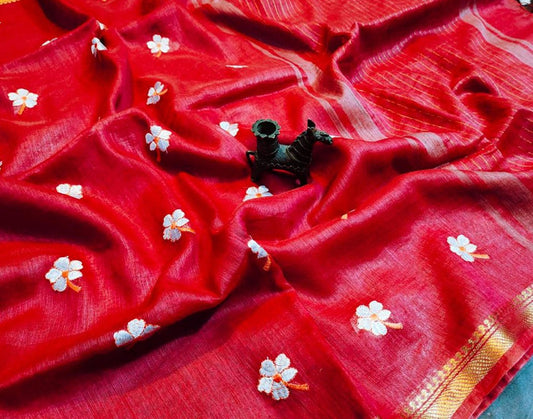 Red Embroidered Pure Silk Linen Saree | Peepal Clothing