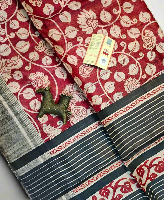 Red Floral Printed Tussar Ghicha Silk Saree| Peepal Clothing