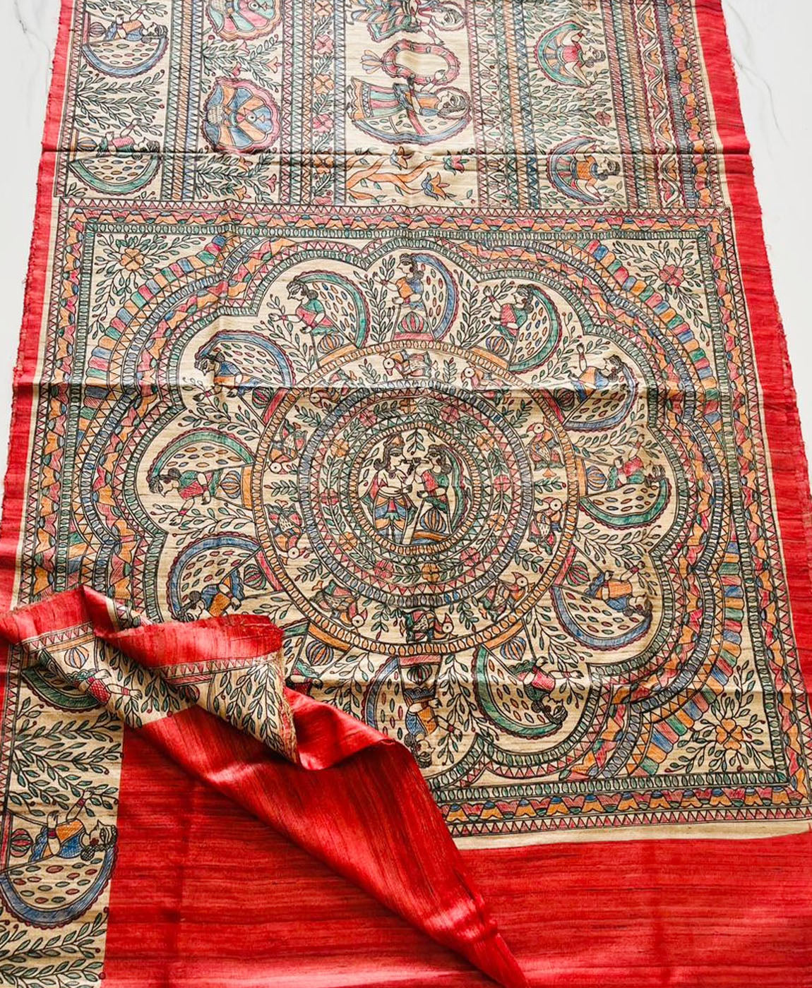 Red Half & Half Madhubani Hand Painted Pure Tussar Ghicha Silk Saree | Peepal Clothing