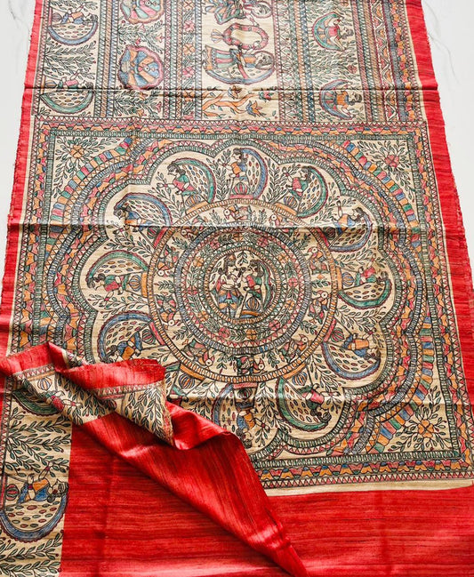 Red Half & Half Madhubani Hand Painted Pure Tussar Ghicha Silk Saree | Peepal Clothing