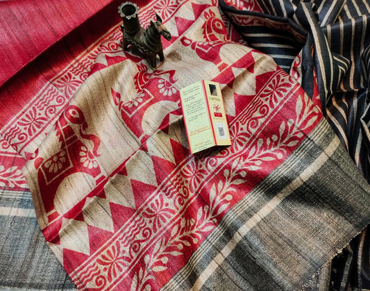 Red Horse Printed Tussar Ghicha Silk Saree| Peepal Clothing