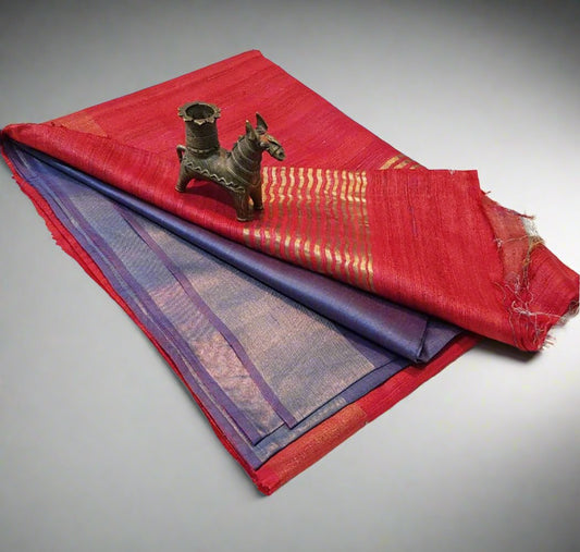 Red Korean tussar ghicha pallu saree with staple body and Zari border| Peepal Clothing