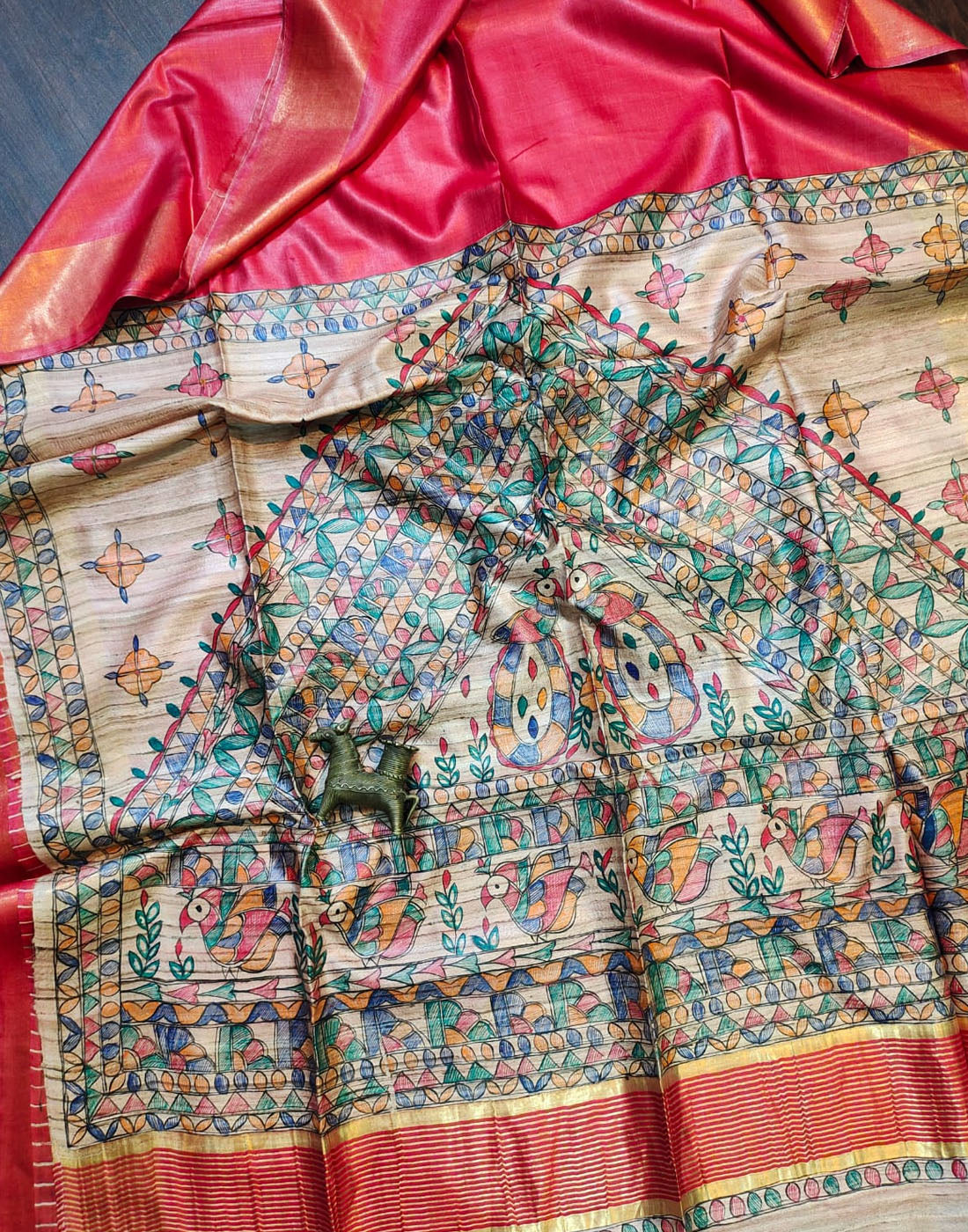 Red Madhubani Hand Painted Tussar Pallu Ghicha Silk Saree