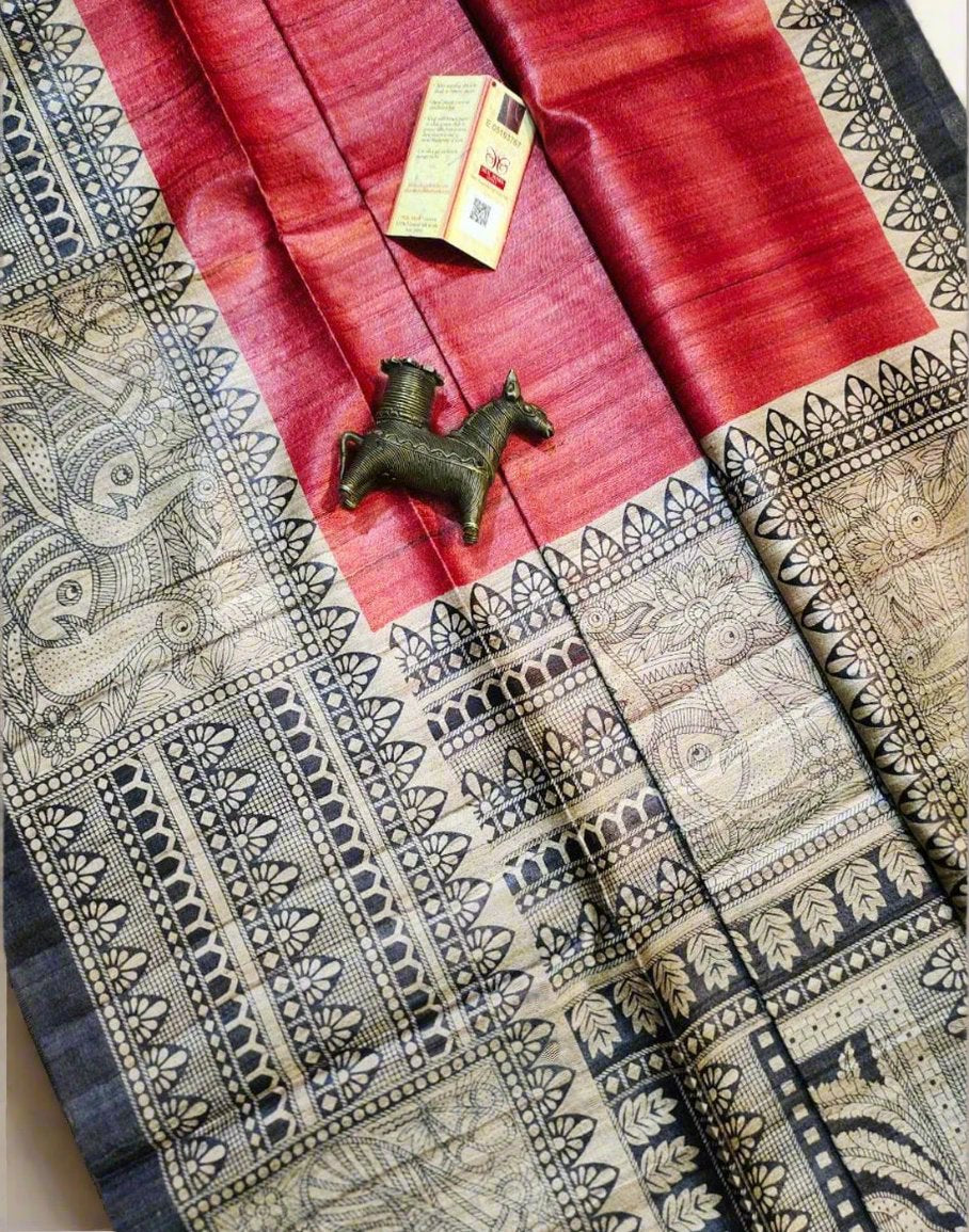 Red Madhubani Printed Silk Saree| Peepal Clothing