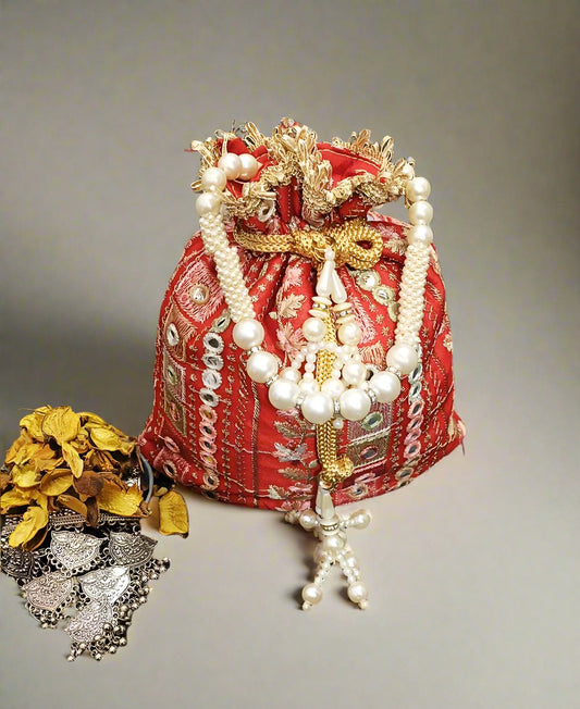 Red Mirror Work Embroidered Potli | Peepal Clothing