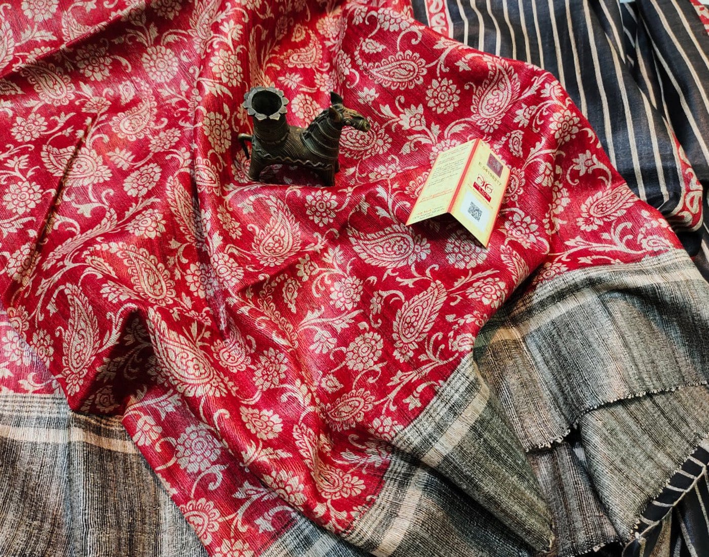 Red Paisley Printed Tussar Ghicha Silk Saree| Peepal Clothing