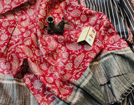 Red Paisley Printed Tussar Ghicha Silk Saree| Peepal Clothing
