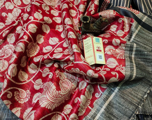 Red Peacock Printed Tussar Ghicha Silk Saree| Peepal Clothing