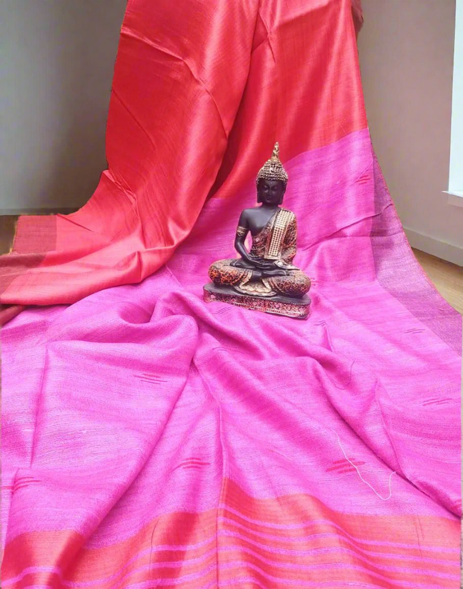 Red-pink Korean tussar ghicha pallu saree with staple body| Peepal Clothing