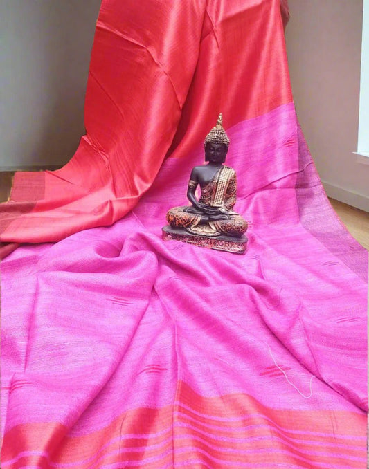 Red-pink Korean tussar ghicha pallu saree with staple body| Peepal Clothing