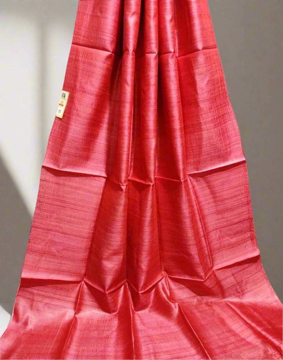 Red Pure Desi Tussar Plain Silk Saree| Peepal Clothing