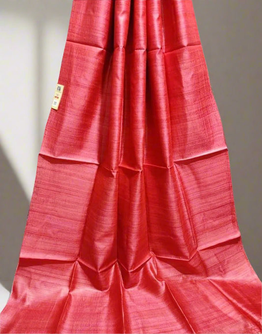 Red Pure Desi Tussar Plain Silk Saree| Peepal Clothing