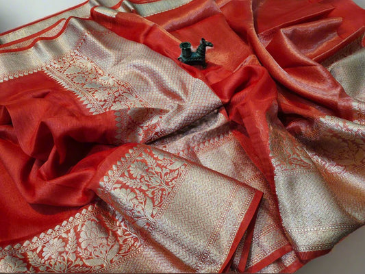 Red Pure Silk Linen Banarasi Saree | Pipul Clothing