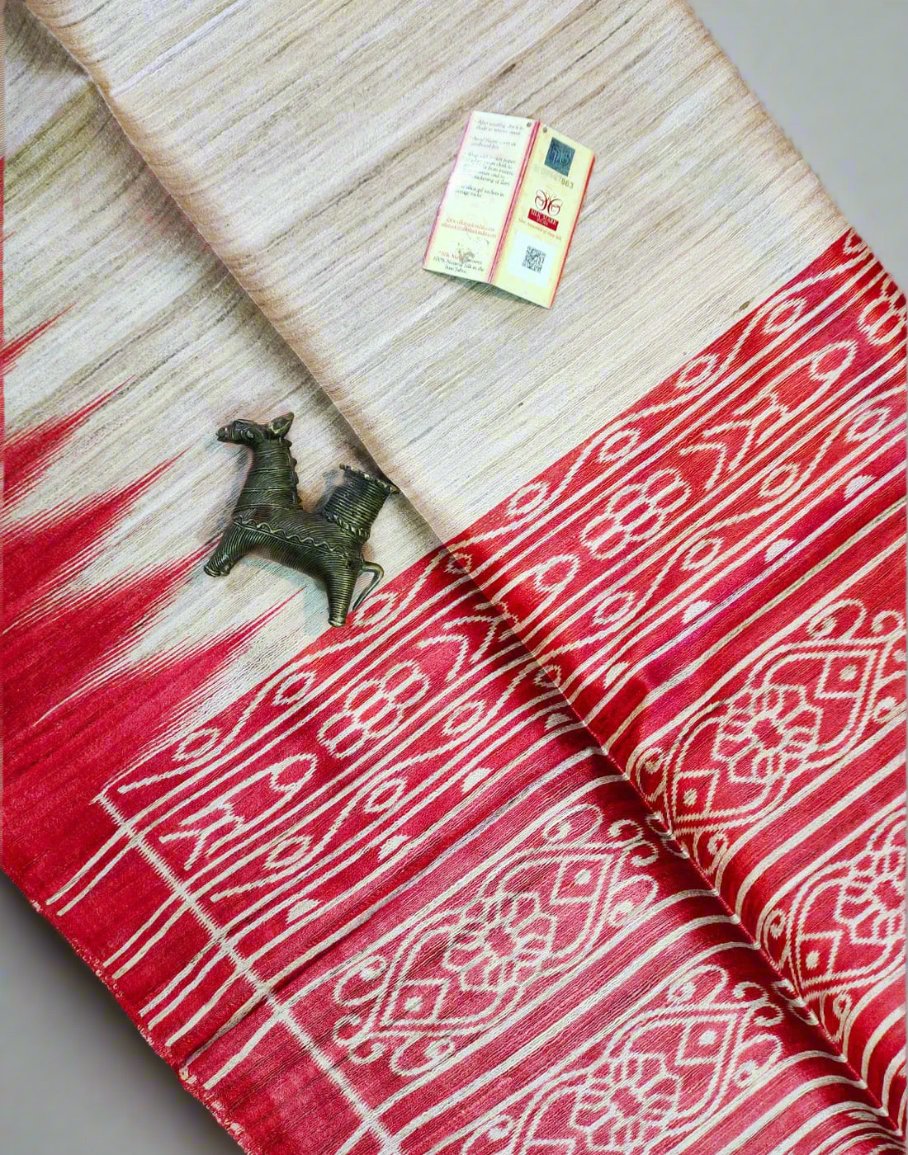 Red Tussar Ghicha Ikkat Printed Silk Saree| Peepal Clothing