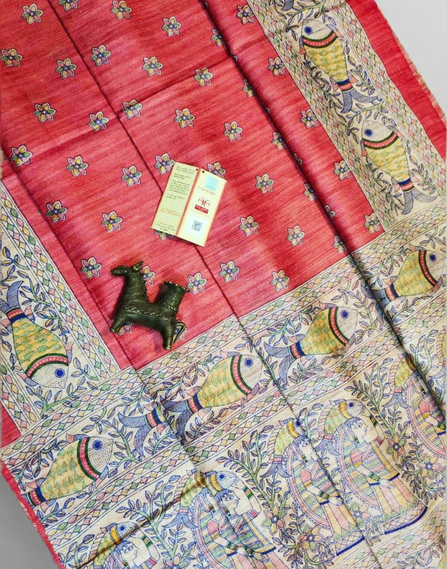 Red Tussar Ghicha Madhubani Buta Printed Silk Saree| Peepal Clothing
