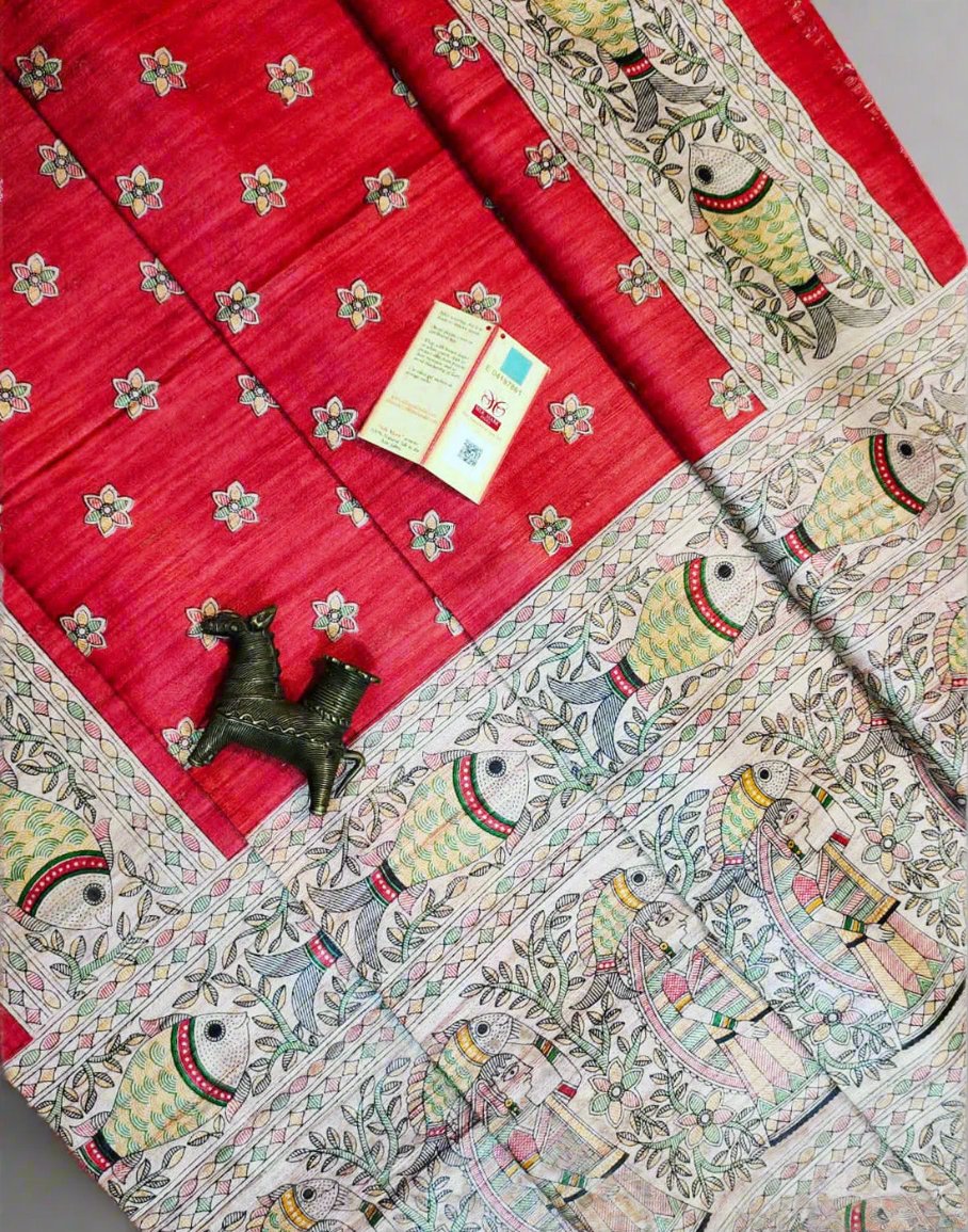 Red Tussar Ghicha Madhubani Printed Silk Saree| Peepal Clothing