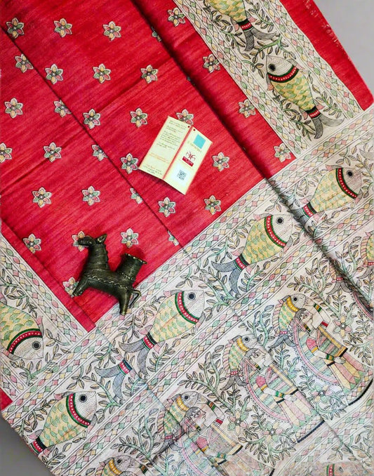 Red Tussar Ghicha Madhubani Printed Silk Saree| Peepal Clothing
