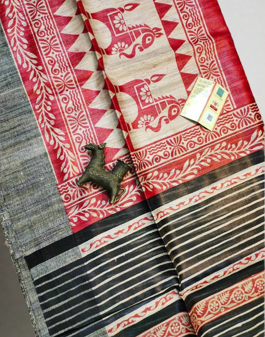 Red and Black Printed Tussar Ghicha Silk Saree| Peepal Clothing