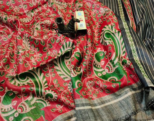 Red and Green Peacock Printed Tussar Ghicha Silk Saree| Peepal Clothing