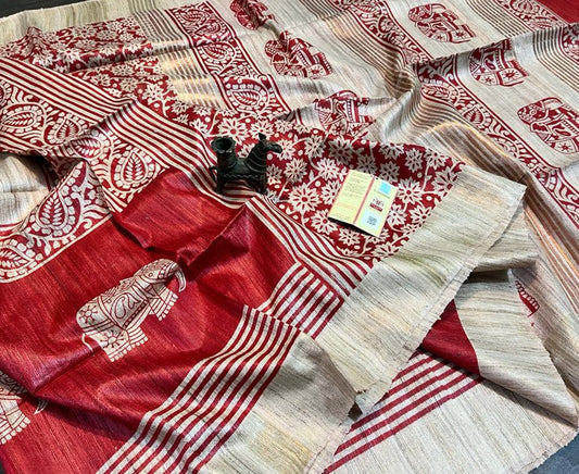Red and Off-white Printed Tussar Ghicha Silk Saree with Zari Border | Peepal Clothing
