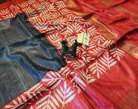 Red and black Printed Tussar Ghicha Silk Saree with Zari Border| Peepal Clothing