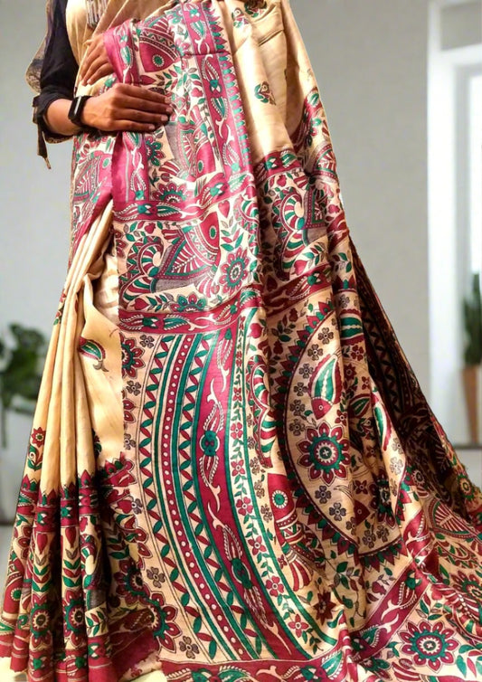 Printed Pure Tassar Ghicha Saree www.peepalclothing.com