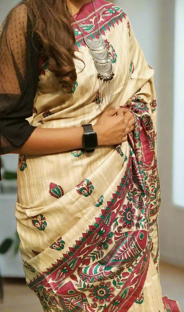 Red and Marron Madhubani Printed Tussar Ghicha Silk Saree