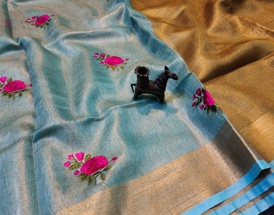 Rose Embroidered tissue linen saree | Peepal Clothing
