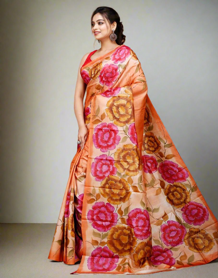 Rose Motif Kalamkari Silk Saree| Peepal Clothing