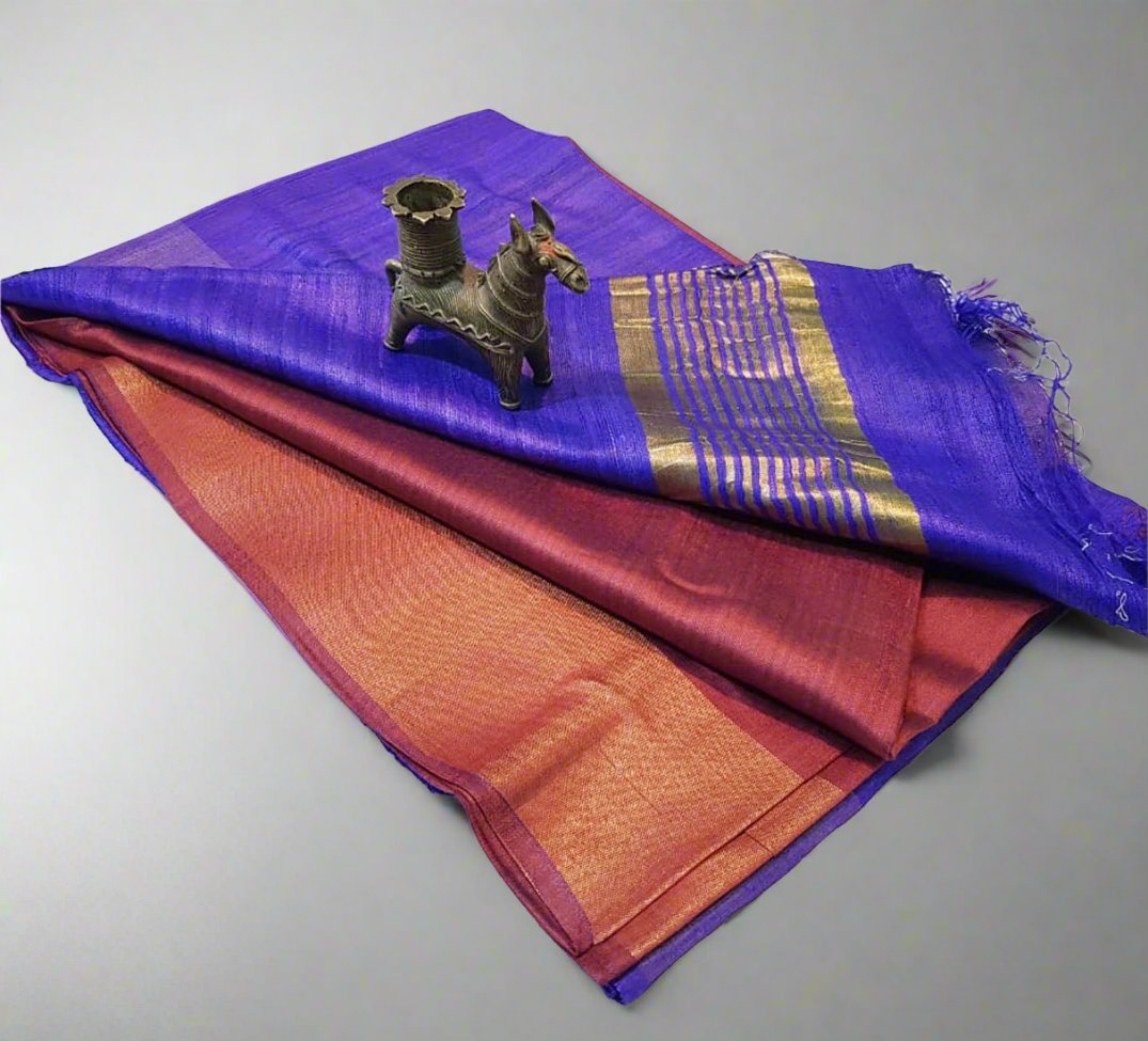 Royal Blue Korean tussar ghicha pallu saree with staple body and Zari border| Peepal Clothing