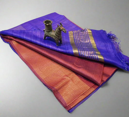Royal Blue Korean tussar ghicha pallu saree with staple body and Zari border| Peepal Clothing
