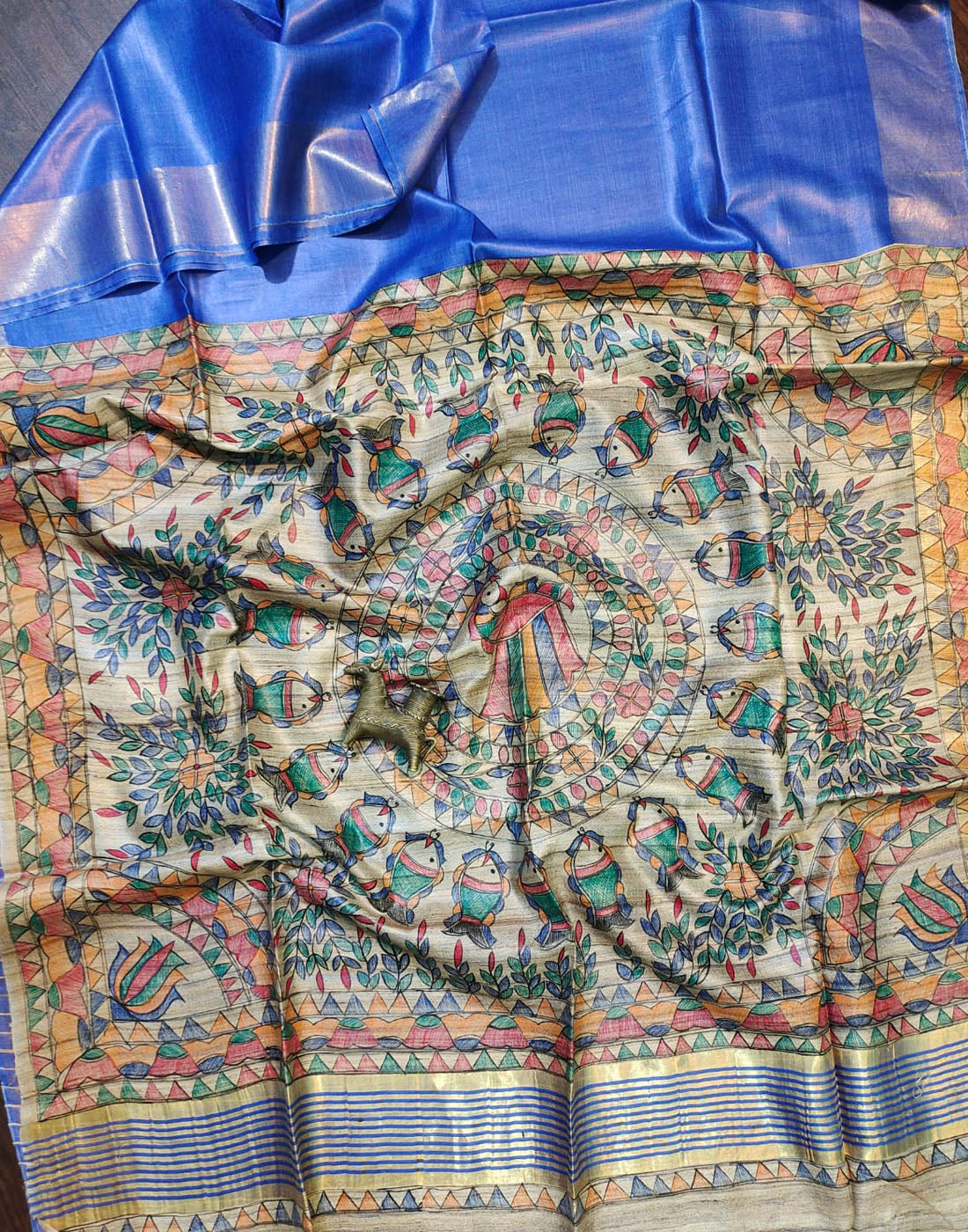Royal Blue Madhubani Hand Painted Pallu Tussar Ghicha Silk Saree