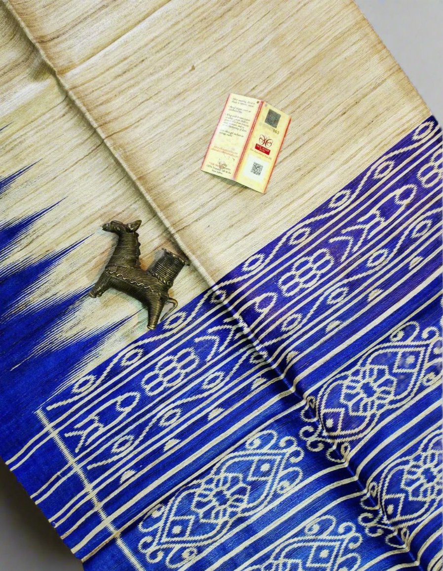 Royal Blue Tussar Ghicha Ikkat Printed Silk Saree| Peepal Clothing