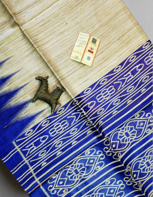 Royal Blue Tussar Ghicha Ikkat Printed Silk Saree| Peepal Clothing