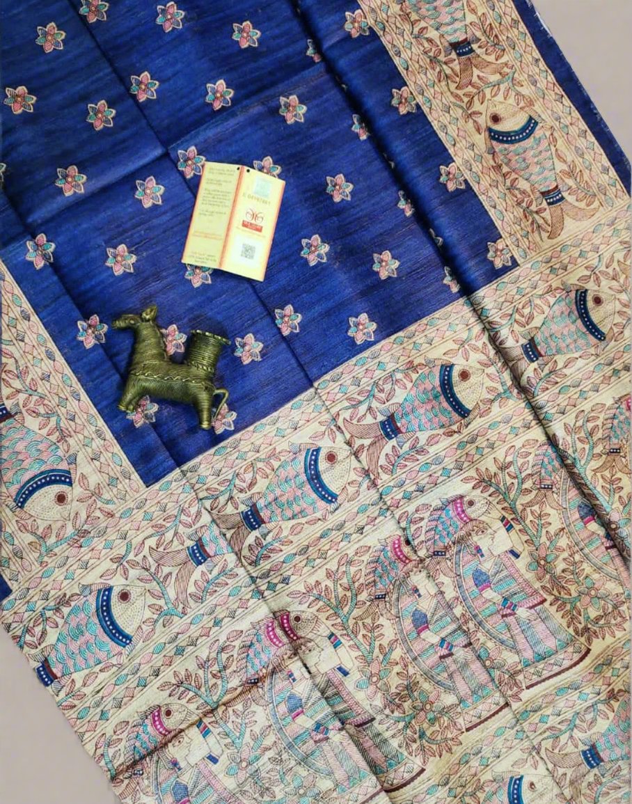 Royal Blue Tussar Ghicha Madhubani Printed Silk Saree| Peepal Clothing